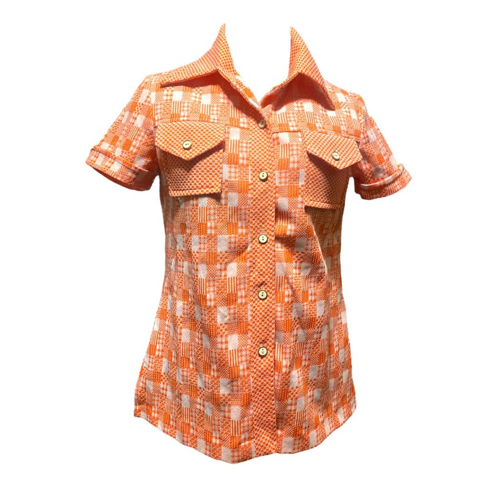 70s 80s orange and white checkered polyester button collared shirt